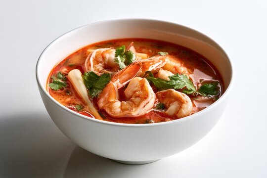 Traditional Thai Tom Yum Soup with King Shrimps and Fresh Herbs in White Ceramic Bowl Isolated on White Background Asian Food Concept