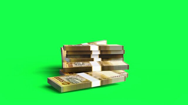 Armenian Dram Banknote Bundles Falling and Forming Stacks on Green Background in Slow Motion, 3D Money Animation for Finance, Banking and Investment Concepts