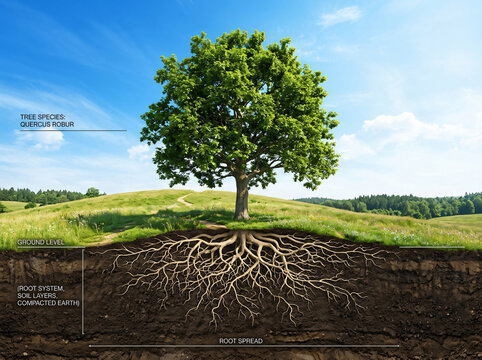 Educational cross section of an oak tree showing roots and soil layers in a meadow.