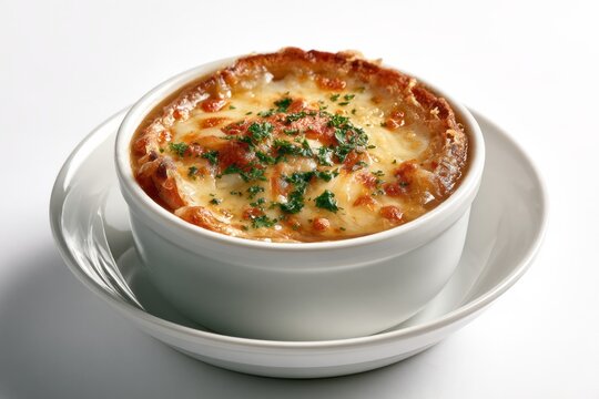Classic French Onion Soup with Melted Gruyere Cheese Crust and Toasted Bread Cro&ucirc;ton in Ceramic Bowl Gourmet Food Concept