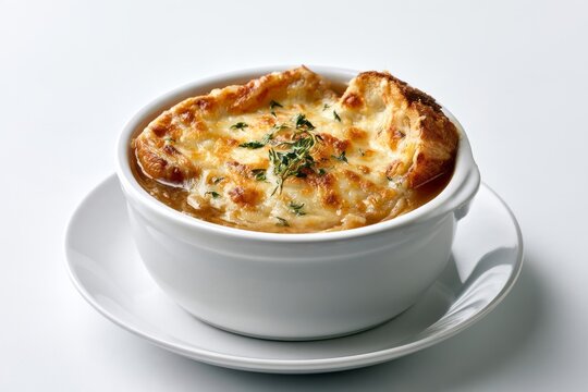 Classic French Onion Soup with Melted Gruyere Cheese Crust and Toasted Bread Cro&ucirc;ton in Ceramic Bowl Gourmet Food Concept
