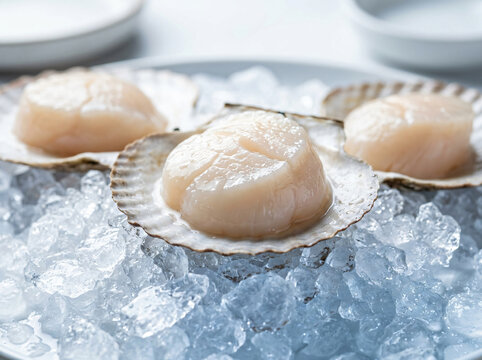 Fresh raw scallops served on a bed of crushed ice for gourmet cooking.