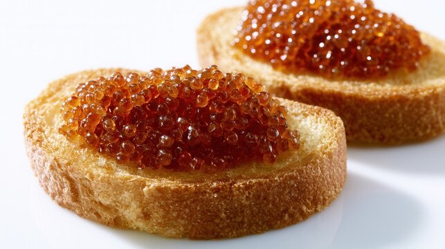 Gourmet appetizer with slices of bread topped with fish roe and served on a white plate