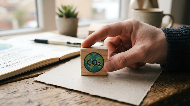 Person holding wood block with earth icon
