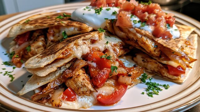 Grilled chicken quesadillas with pico de gallo and sour cream on a plate with warm lighting for culinary use