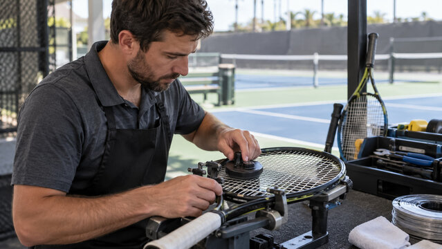 Professional technician restringing and tuning tennis racket on stringing machine outdoors. Concept of sports technician, service bench, tennis court.