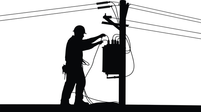 Black silhouette of a utility worker wearing a hard hat and safety harness, working on an electrical transformer mounted on a wooden power pole, white background