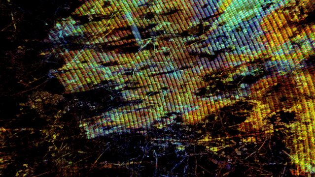 Dark abstract digital background with screen grain effects and colorful texture