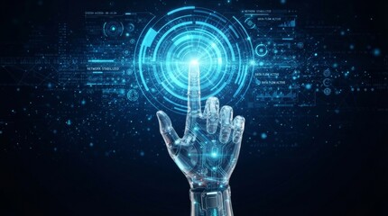Fototapeta premium Hand touch digital hud interface futuristic technology background of virtual computer screen display ui future concept or cyber communication hologram and innovation internet system on vr cyberspace.
