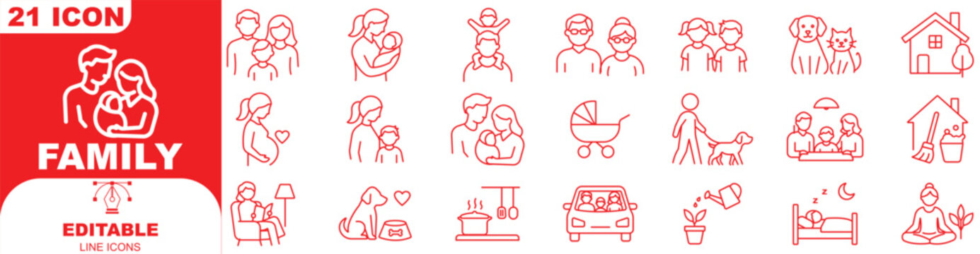 Family and people line icon set in modern outline style. Collection includes parents, children, baby, home, love, care, relationship, community, and family symbols. Editable stroke vector illustration