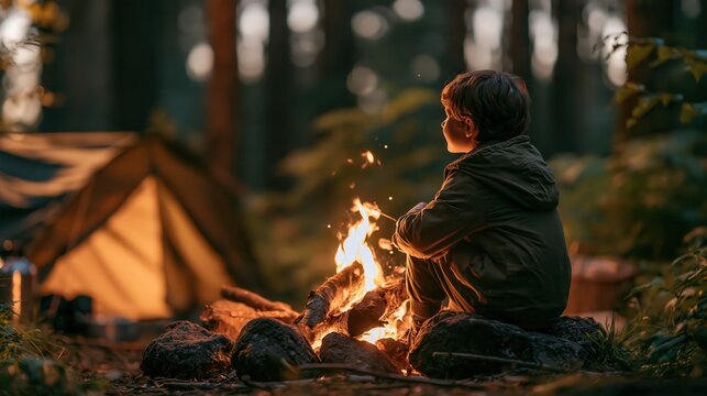 Boy sitting by campfire in forest with tent at dusk evoking adventure and childhood wonder cinematic lighting