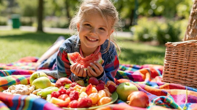 Smiling young girl enjoys fresh fruit during a sunny park picnic with a vibrant blanket and basket