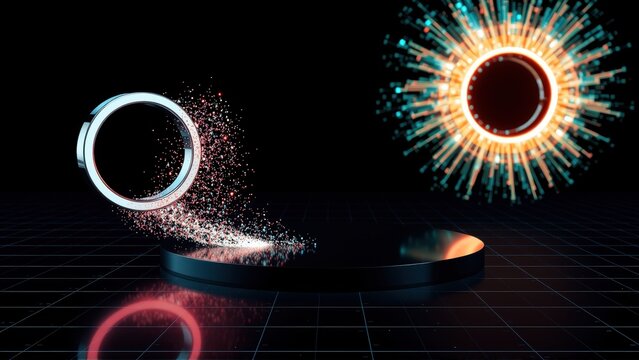 Futuristic scene. Rings disintegrate into particles. Bright energy radiates from central point. Dark grid background creates depth.