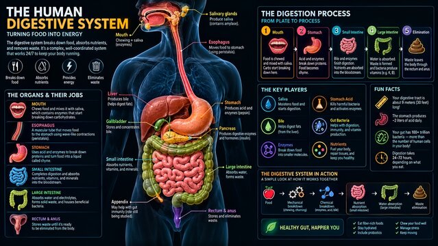 Human digestive system infographic diagram, educational medical anatomy poster, gastrointestinal tract biology illustration