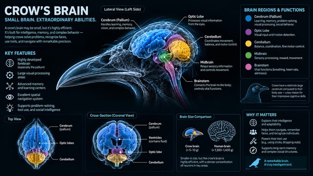 Anatomy infographic of a crow's brain, avian neurology diagram with brain regions and functions, scientific bird intelligence poster