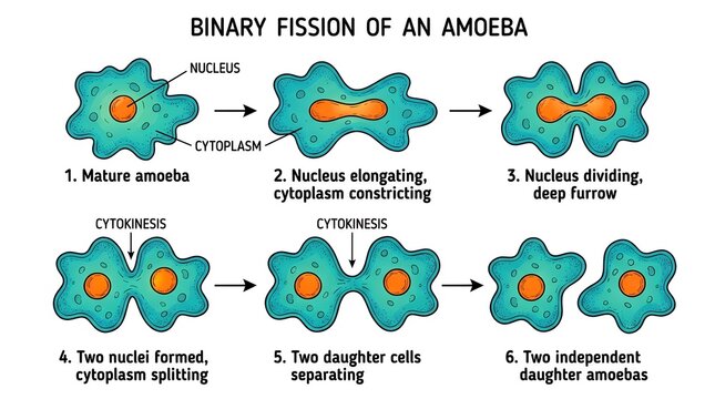 Binary fission of an amoeba biological diagram, asexual cell division process infographic, educational science chart showing nucleus and cytoplasm splitting