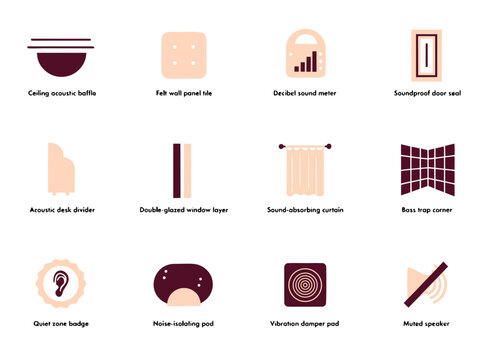 Acoustic management and sound insulation icon set featuring acoustic felt panels and sound baffles