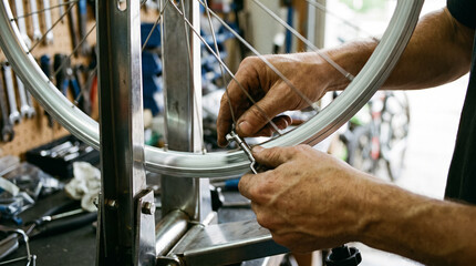 Fototapeta premium Hands of mechanic tensioning bicycle spoke with wrench on truing stand in workshop. Concept of bicycle repair, bike mechanic.