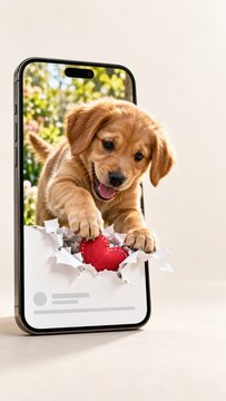 Playful Puppy Digs Through a Smartphone Screen and Finds a Red Heart
