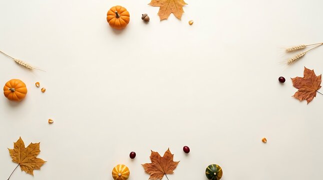 Autumn flat lay with pumpkins colorful leaves and seeds on a white background