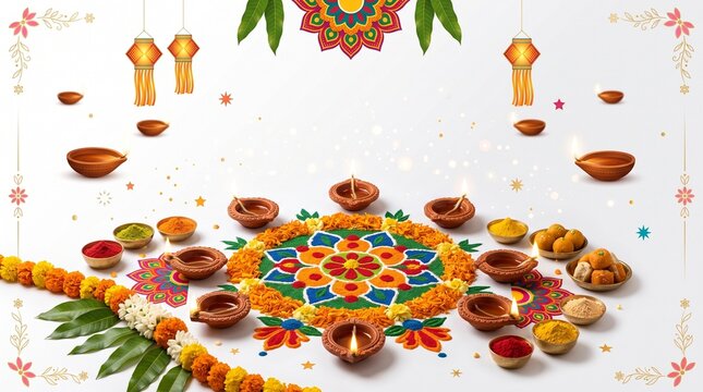 Indian Family Celebrating Diwali Festival Graphic Set with Sparklers, Gifts, and Floral Garlands Isolated on White Background