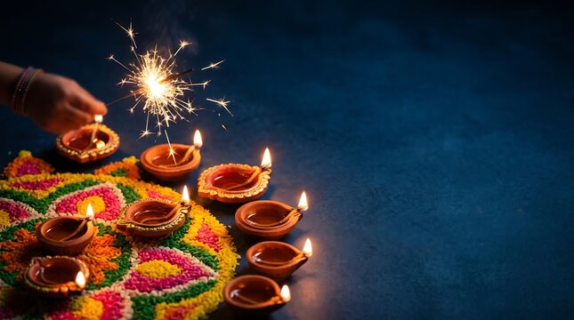 Diwali celebration with lit clay oil lamps and a hand holding a sparkler over a colorful traditional rangoli pattern