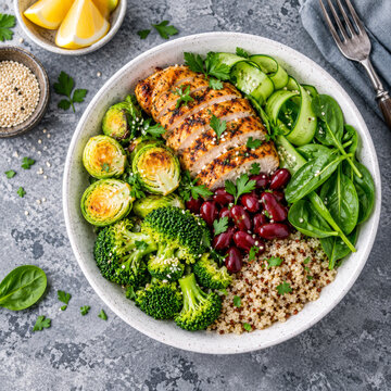 Healthy buddha bowl lunch with grilled chicken