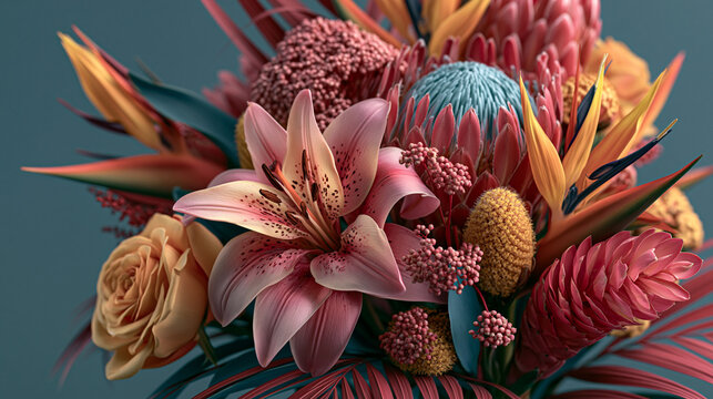 Rich textured tropical flower bouquet with protea and lilies