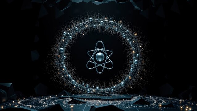 Abstract depiction features atom model surrounded by glowing rings, dark polygonal background creates futuristic impression.