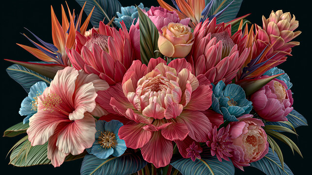 Lush tropical floral arrangement with peonies and exotic blooms