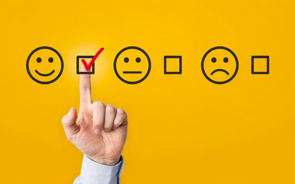 Finger touching happy smiley face feedback review photo illustration   