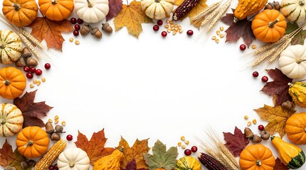Fototapeta premium Autumnal frame with pumpkins leaves flowers and pinecones on a bright white background