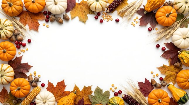 Autumnal frame with pumpkins leaves flowers and pinecones on a bright white background