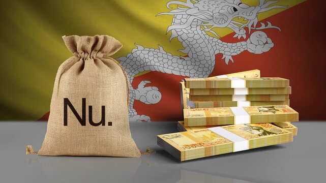 Bhutanese ngultrum Banknote Bundles Falling onto a Surface with Bhutanese  National Flag Background, 3D Money Animation in Slow Motion for Currency, Banking and Financial Business Concepts