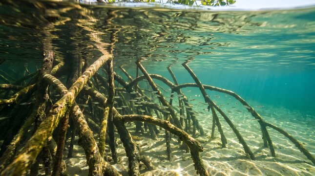 Mangrove roots underwater in clear tropical ocean water.