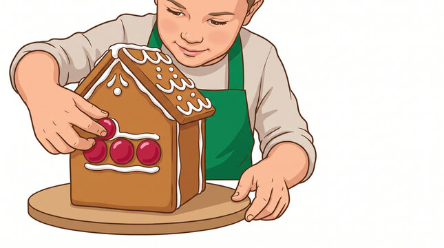 Child decorating a gingerbread house with colorful candy  