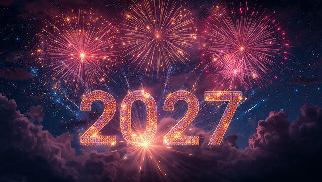 2027 happy new year gold text written in sparkling firework light against night sky with fireworks celebration sparkling abstract background template calendar prosperity seasonal december
