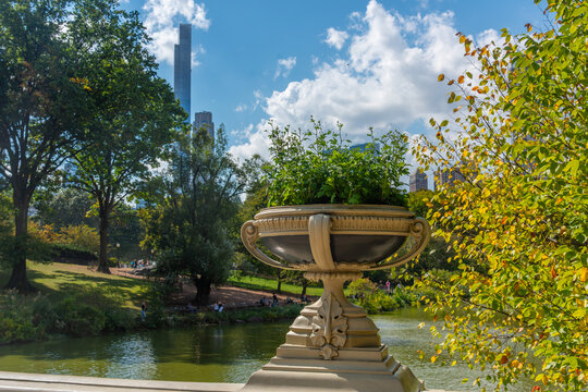 Bow Bridge flower planter with Central Park lake and Manhattan skyscrapers