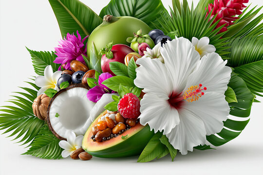 Fresh exotic fruit arrangement with white hibiscus flower and tropical leaves