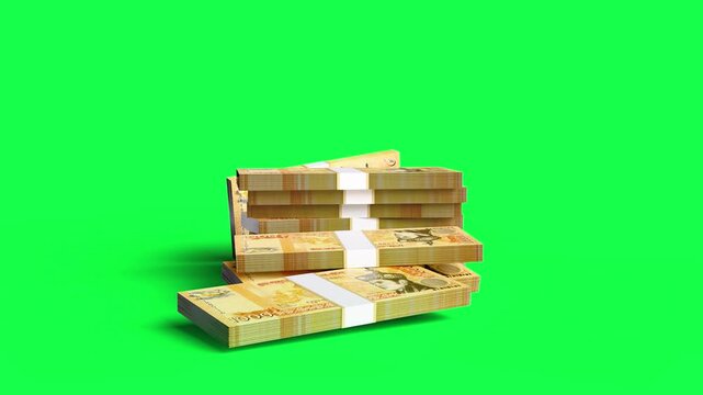 Bhutanese ngultrum Banknote Bundles Falling and Forming Stacks on Green Background in Slow Motion, 3D Money Animation for Finance, Banking and Investment Concepts