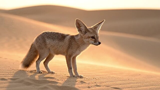 Desert Fox in Sand Dune: A fennec fox, with its signature large ears, stands alert on a rippling sand dune during golden hour, embodying the resilient spirit of desert life.
