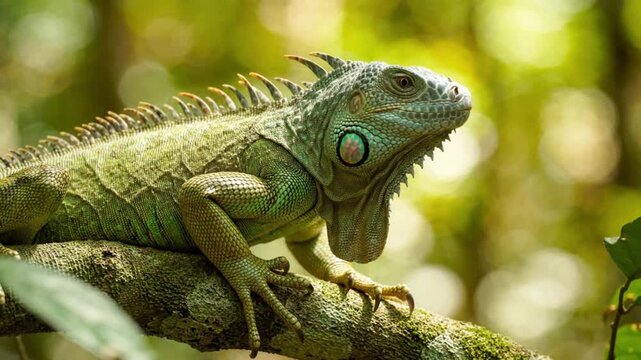 Green Iguana on a Branch: A detailed close-up shot showcases a vibrant green iguana perched on a moss-covered tree branch.