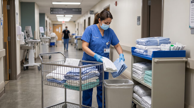 Hospital worker in blue scrubs organizing clean linen and bed sheets on cart in clinic corridor. Concept of medical laundry.