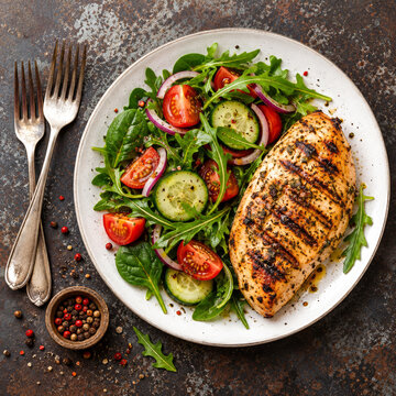 Grilled chicken breast. Fried chicken fillet and fresh vegetable salad of tomatoes,