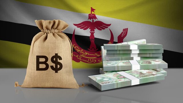 Brunei dollar Banknote Bundles Falling onto a Surface with Brunei National Flag Background, 3D Money Animation in Slow Motion for Currency, Banking and Financial Business Concepts