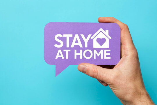 Stay at home purple speech bubble sign photo illustration