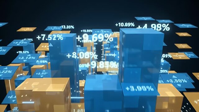 Abstract 3D Business Growth Data Visualization with Blue and Orange Cubes and Floating Percentage Indicators