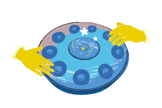 Hands playing the handpan. The relaxation music instrument