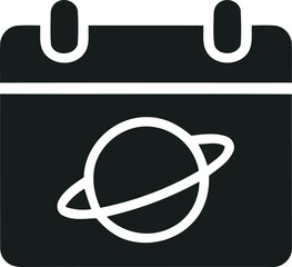 Simple black calendar icon featuring a white outline of planet saturn for space themed scheduling and events © Shakera