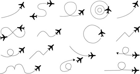 Set of black airplane icons with dotted flight path route lines © Kamrun